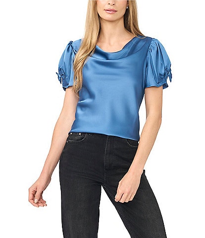 Cece Woven Cowl Neck Short Bubble Sleeve Top