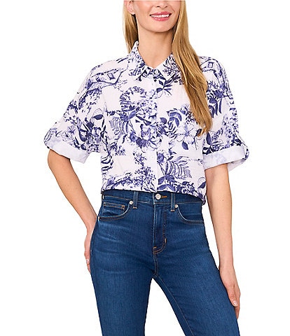 CeCe Woven Floral Print Collared Button Down Top