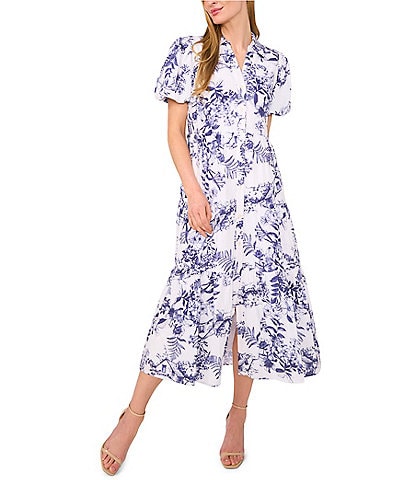 CeCe Woven Floral Print Collared Short Puff Sleeve Midi Shirt Dress