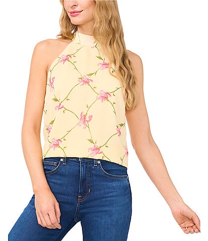 CeCe Woven Floral Print Halter Neck Sleeveless Blouse
