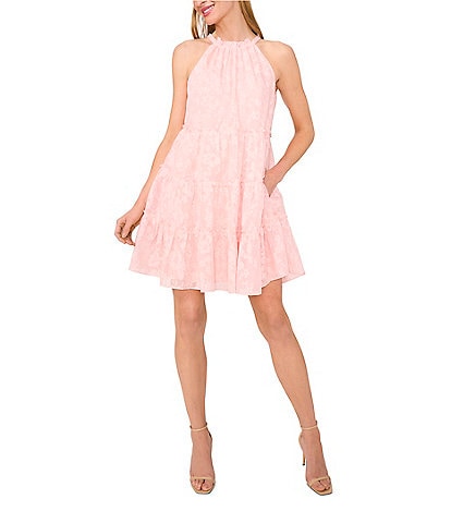 CeCe Woven Floral Print Halter Neck Sleeveless Tie Neck Mini Tiered Dress