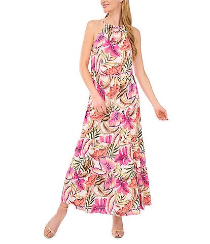 CeCe Woven Floral Print Halter Neckline Maxi A-Line Dress