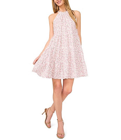 CeCe Woven Floral Print Halter Sleeveless Tiered Shift Dress