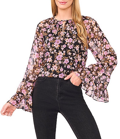 CeCe Woven Floral Print Round Neck Long Sleeve Keyhole Blouse