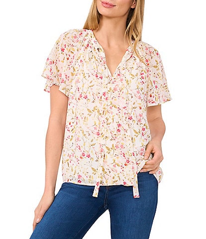 CeCe Woven Floral Print Split Round Neck Raglan Flutter Sleeve Blouse