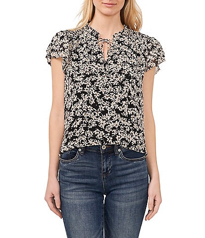 CeCe Woven Floral Print Split Round Neck Short Sleeve Blouse