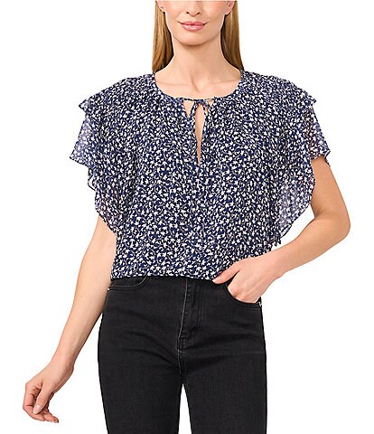 CeCe Woven Floral Print Split Round Tie Neck Ruffle Sleeve Blouse