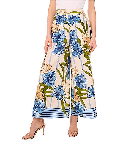 CeCe Woven Floral Print Wide Leg Pull-On Pants