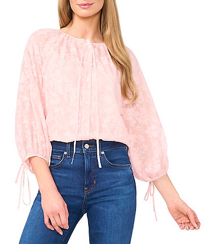 CeCe Woven Floral Round Neck Long Puff Sleeve Button Front Blouse