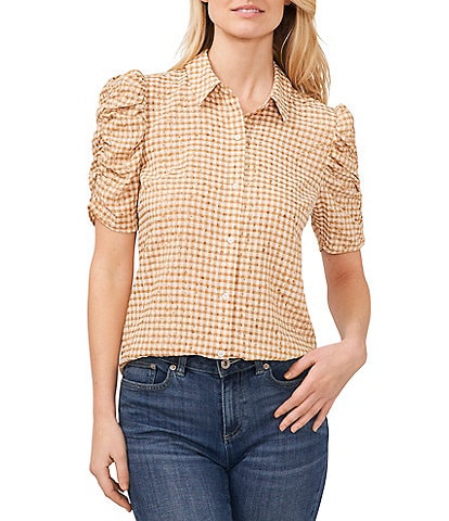 CeCe Woven Gingham Print Point Collar Short Shirred Sleeve Button Front Top