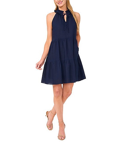 CeCe Woven Linen Blend Split Round Ruffle Neck Sleeveless Button Tie Front Tiered Dress