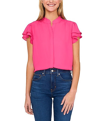 CeCe Woven Mandarin Collar Flutter Short Sleeve Blouse