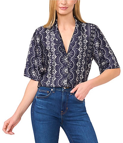 CeCe Woven Notch Collar Short Sleeve Button Front Camp Coordinating Shirt