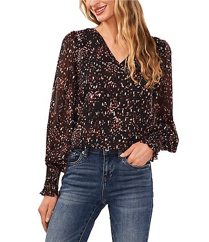 CeCe Woven Print V-Neck Long Sleeve Blouse