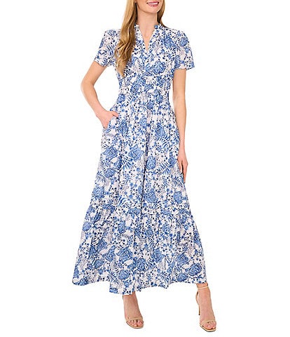 CeCe Woven Printed Split Round Neck Short Sleeve Maxi A-Line Dress