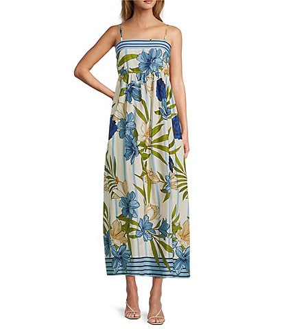CeCe Woven Printed Square Neck Sleeveless Midi Dress