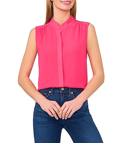 CeCe Woven Stand Collar Sleeveless Button Front Top