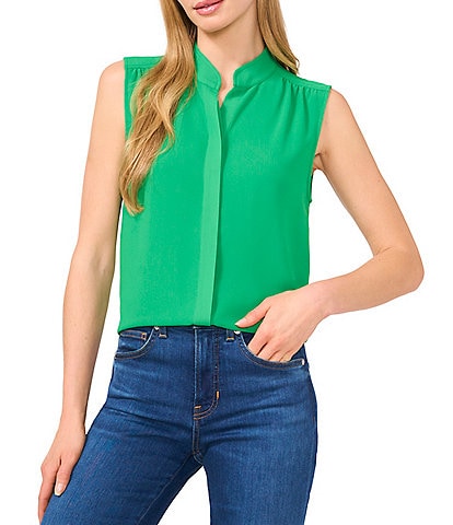 CeCe Woven Stand Collar Sleeveless Button Front Top