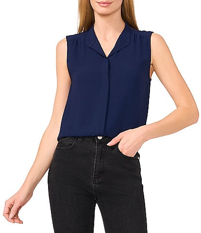 CeCe Woven Stand Collar Sleeveless Button Front Top