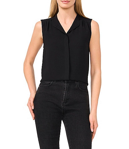 CeCe Woven Stand Collar Sleeveless Button Front Top