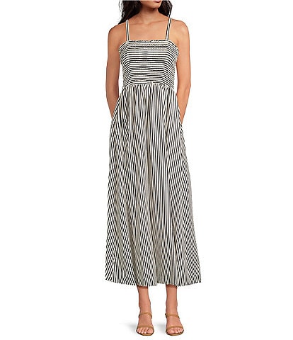 CeCe Woven Stripe Print Square Neck Sleeveless Smocked Midi A-Line Dress
