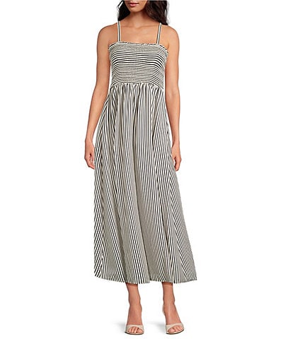CeCe Woven Stripe Print Square Neck Sleeveless Smocked Midi A-Line Dress