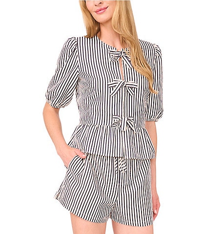 CeCe Woven Striped Crew Neck Short Puff Sleeve Tie Peplum Top