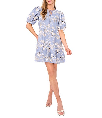 CeCe Woven V-Neck Short Puff Sleeve Floral Embroidered Tiered A-Line Dress