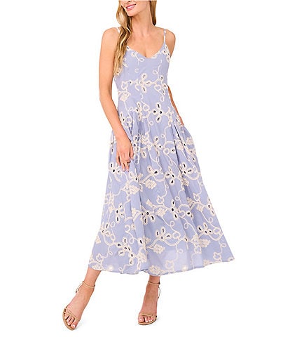 CeCe Woven V-Neck Sleeveless Embroidered Maxi A-Line Dress