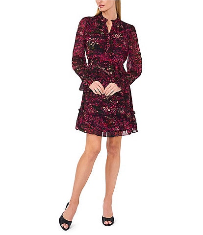 CeCe Woven Yoryu Ditsy Floral Print Split Round Mock Neck Long Sleeve Button Front Tie Waist A-Line Mini Dress