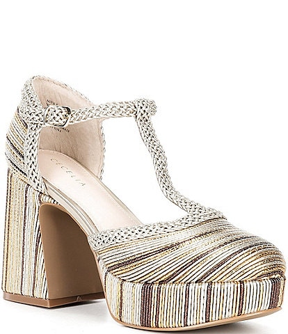 Cecelia New York Novice Leather Braided Platform T-Strap Block Heel Pumps