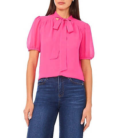 CeCeTie Neck Short Puff Sleeve Blouse