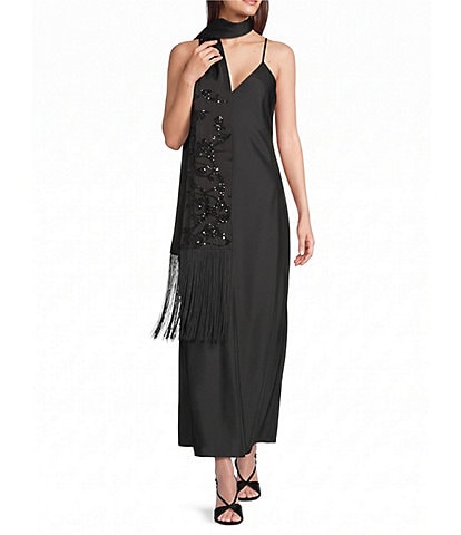 Cezanne Black Sequin Oblong Tassel Scarf