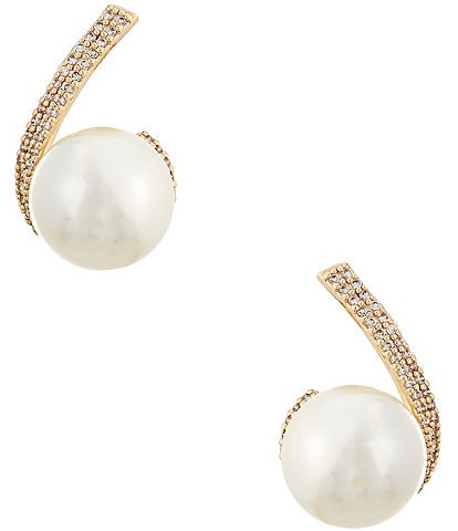 Cezanne Crystal CZ Pave Delicate Curved Metal Pearl Drop Earrings