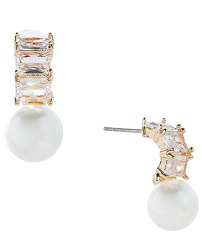 Cezanne Crystal CZ Rectangle Stone Pearl Drop Earrings