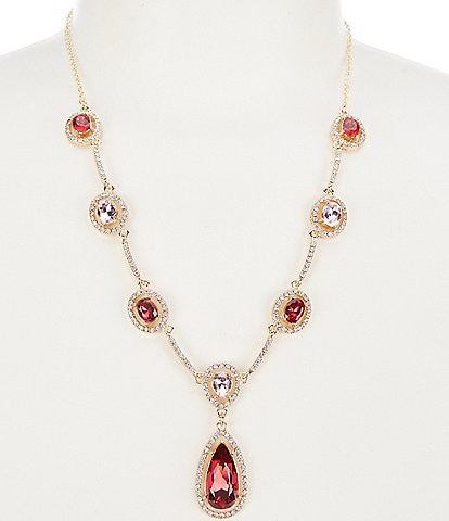 Cezanne Crystal Pave Halo Pink Stone Teardrop Y Necklace