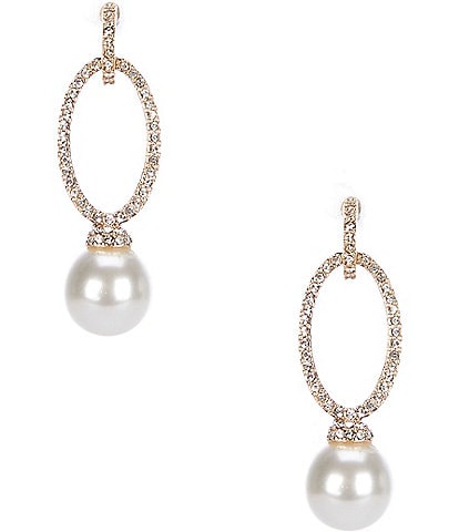 Cezanne Crystal Pave Oval Open Metal Pearl Drop Earrings
