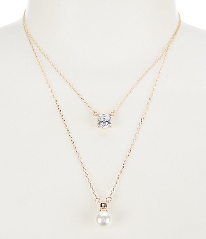 Cezanne CZ Square Stone & Pearl Drop 2 Row Chain Necklace