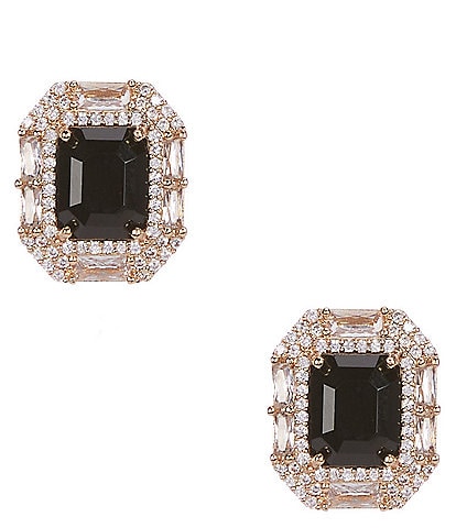 Cezanne Jet Faceted Stone CZ Pave Octagon Metal Stud Earrings