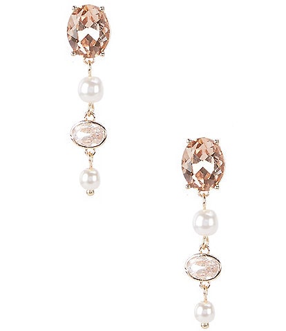 Cezanne Peach Oval, Pearl, & Crystal CZ Oval Stone Linear Earrings