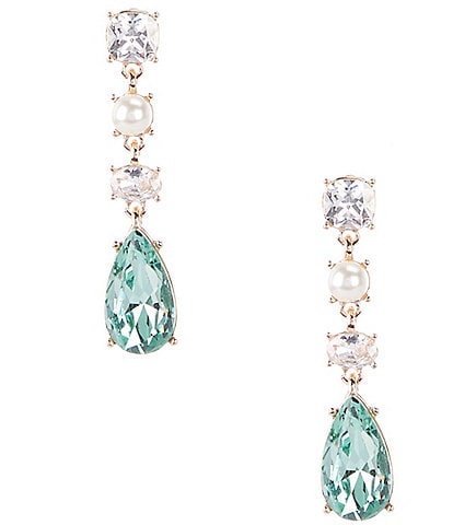 Cezanne Pearl, Crystal CZ, & Lt.Azore Stone Teardrop Linear Earrings