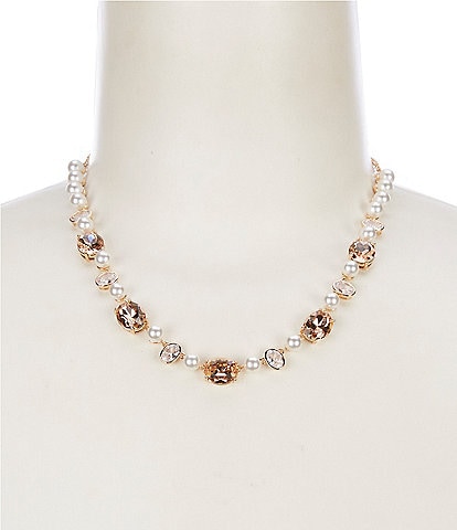 Cezanne Pearl, Crystal CZ, & Peach Oval Stone Frontal Collar Necklace