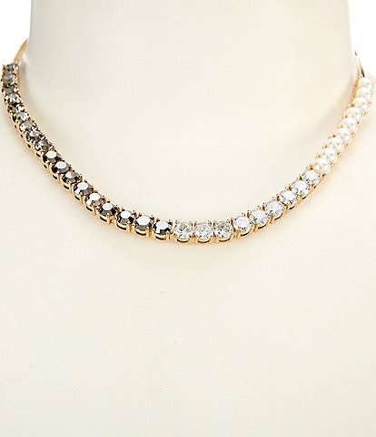 Cezanne Pearl, CZ, & Black Diamond Round Stone Collar Necklace