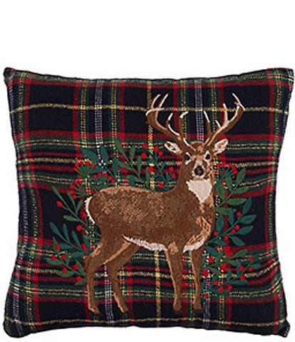 C&F Home Embroidered Deer Botanical Berries Plaid Christmas Decorative Square Pillow