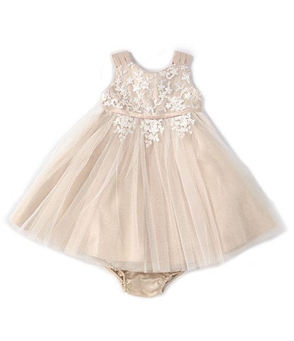 Chantilly Place Baby Girls 12-24 Months Sleeveless Taupe Floral Embroidered Mesh Pleated Dress