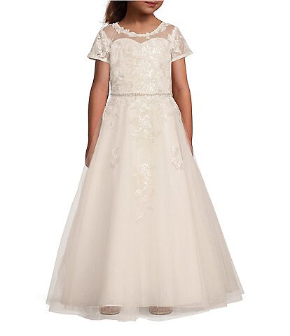 Chantilly Place Big Girls 7-12 Illusion Sweetheart Embroidered Glitter Mesh Ball Gown