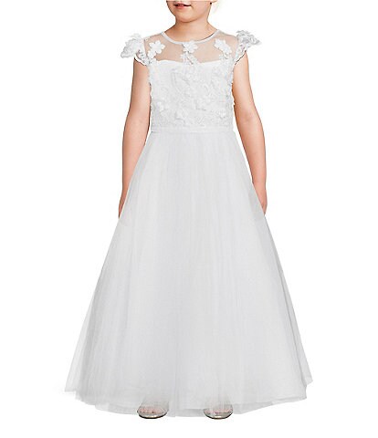 Chantilly Place Big Girls 7-16 Cap Sleeve 3D Embroidery Mesh Long Communion Dress