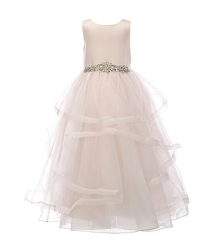 Chantilly Place Little Girls 2T-6X Satin/Cascade Mesh Jeweled Waist Detail Fit-And-Flare Dress