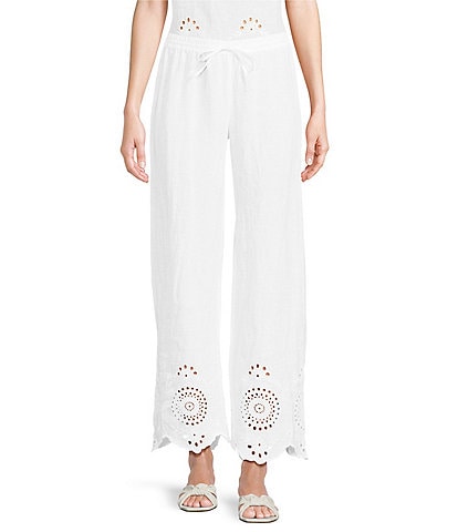 Charlie B. Coordinating Linen Eyelet Embroidered Mid Rise Drawstring Pull-On Pants