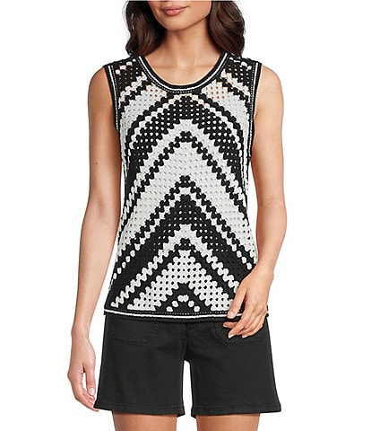 Charlie B. Crochet Knit Chevron Crew Neck Sleeveless Top